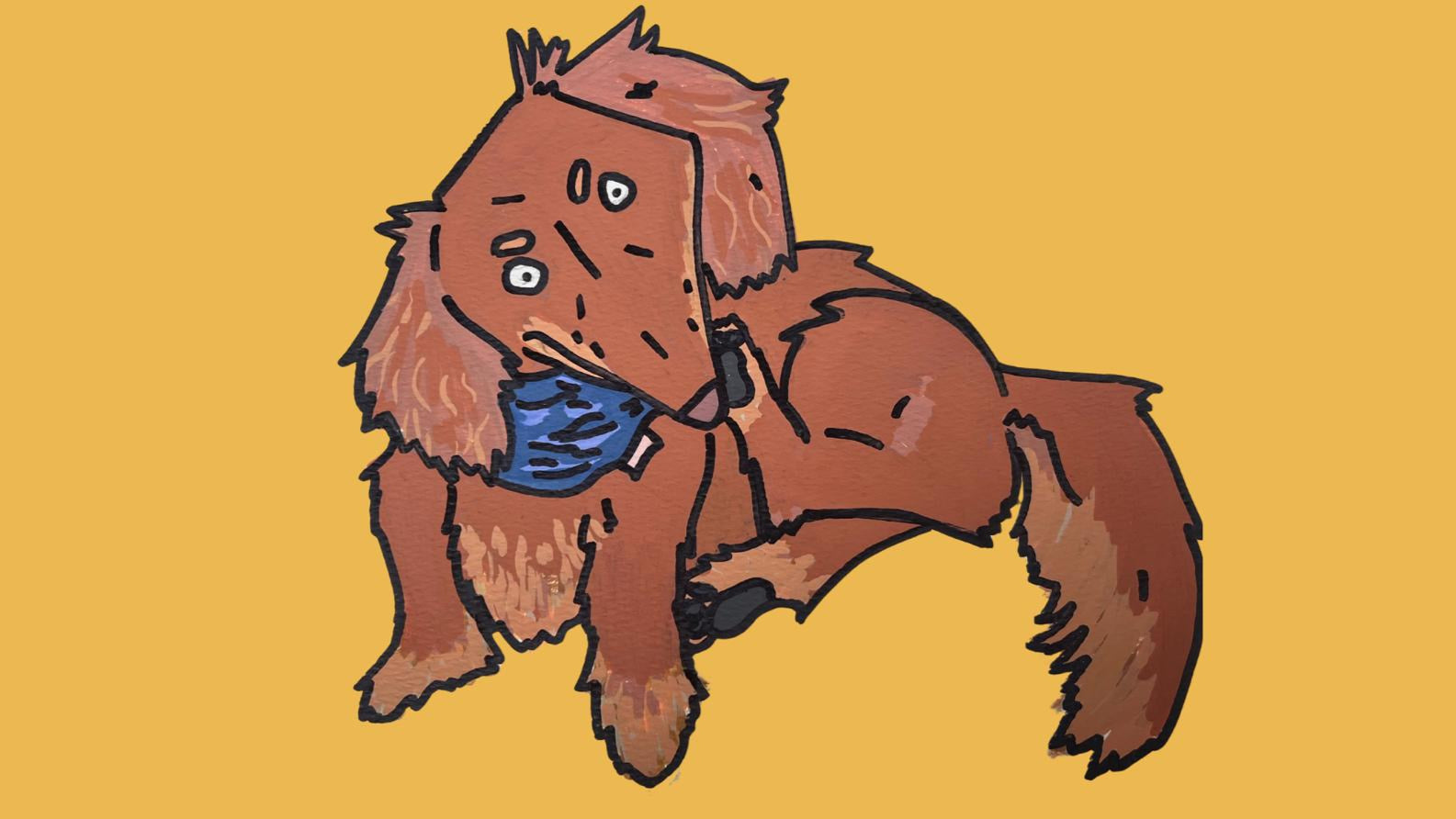 Cartoon-like illustration of a brown creature with a blue scarf on a yellow background